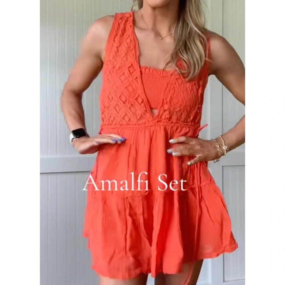 NEW FREE PEOPLE SCARLET IBIS AMALFI BANDEAU TOP ROMPER LACE 2 PIECE SET SZ XS